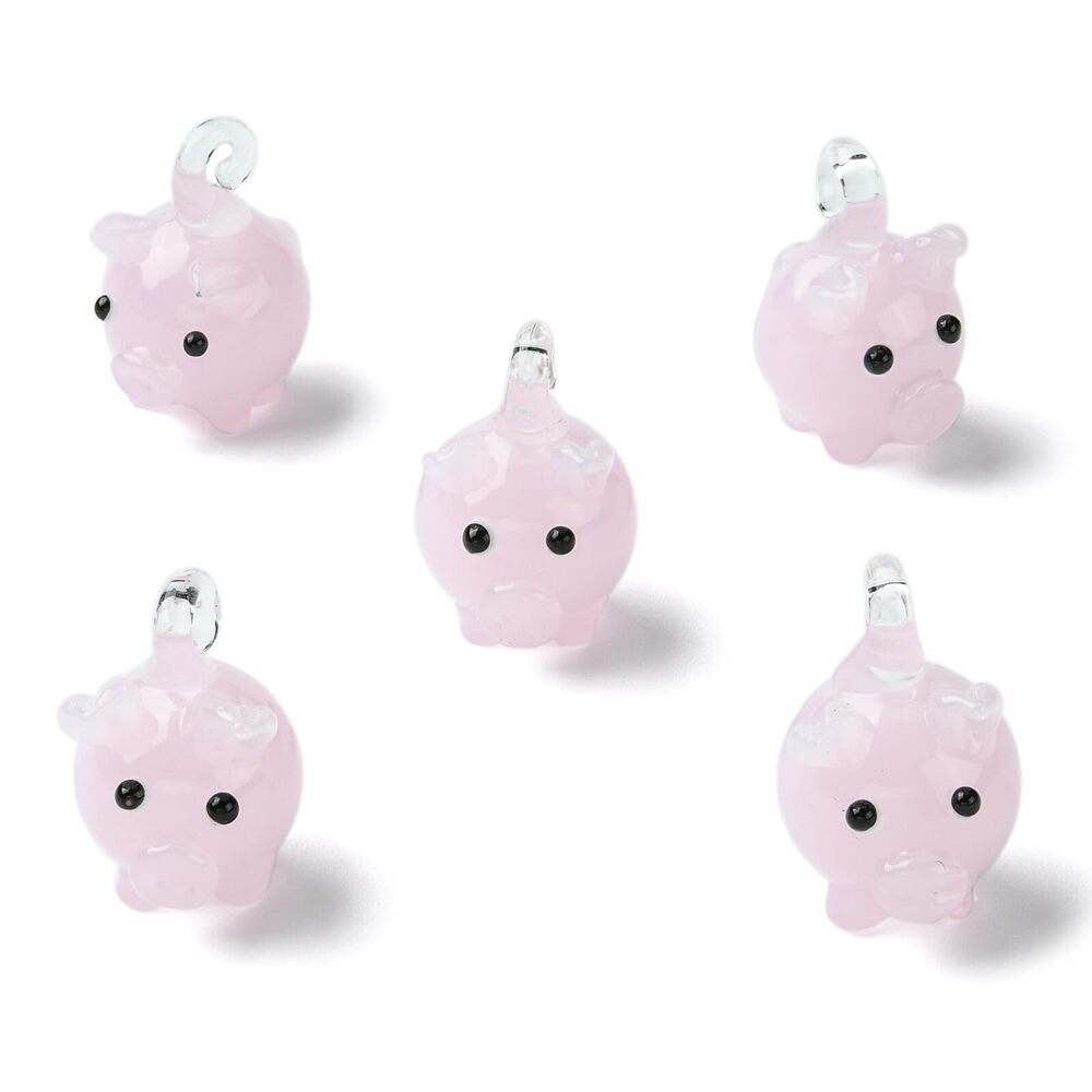 4731 5Pcs Pink Handmade Pig Lampwork Glass Pendants 3D Animals Glass Beads